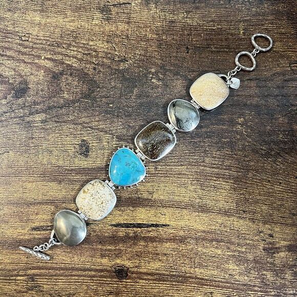 SILPADA 925 Sterling Silver Pyrite Turquoise Bronzite Jasper Toggle Bracelet - Picture 1 of 6